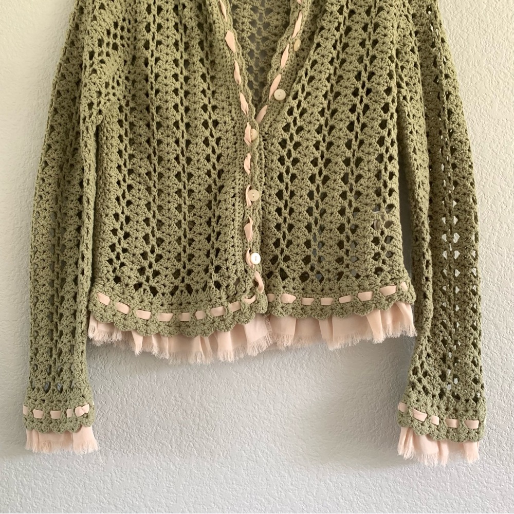 Olive Green Crochet Sweater with Pink Accents - Picture 4 of 8